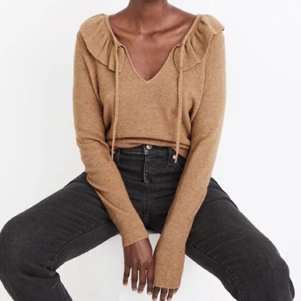 Madewell Ruffle Collar Sweater Tan Wool Alpaca Blend Long Sleeve Size M